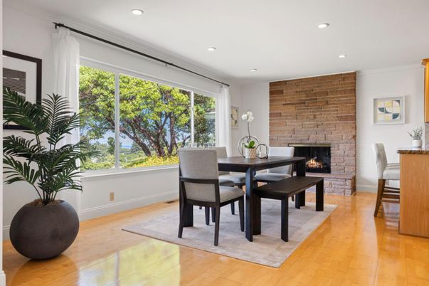 Dining room, Interior, Kitchen, Recessed Lighting, Stainless Steel Appliances, Wood Texture Flooring