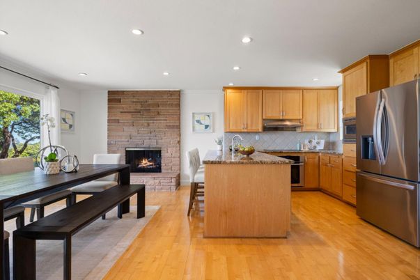 Fireplace, Interior, Kitchen, Recessed Lighting, Stone Walls, Wood Texture Flooring