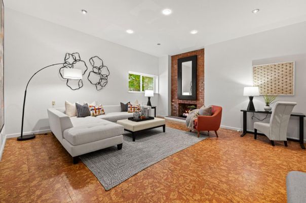 Fireplace, Interior, Living room, Recessed Lighting, Stone Walls