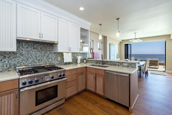 Dining room, Interior, Kitchen, Pendant Lights, Recessed Lighting, Stainless Steel Appliances, Water, Wood Texture Flooring