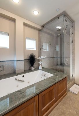 Bathroom, Dual Sink Vanities, Glass Shower, Interior, Recessed Lighting