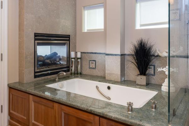 Bathroom, Fireplace, Glass Shower, Interior