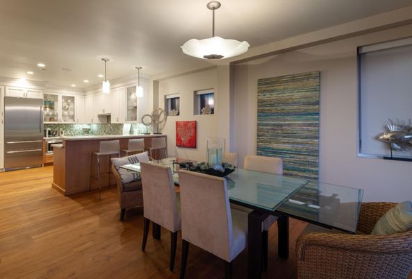 Dining room, Interior, Kitchen, Pendant Lights, Recessed Lighting, Stainless Steel Appliances, Wood Texture Flooring