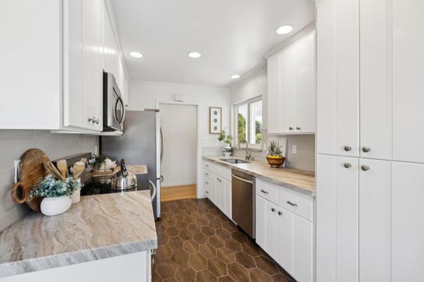 Interior, Kitchen, Recessed Lighting, Stainless Steel Appliances, Wood Texture Flooring