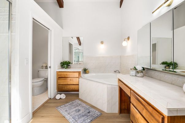 Bathroom, Dual Sink Vanities, Interior, Tile Countertops, Wood Texture Flooring