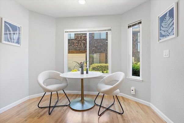 Dining room, Interior, Recessed Lighting, Wood Texture Flooring
