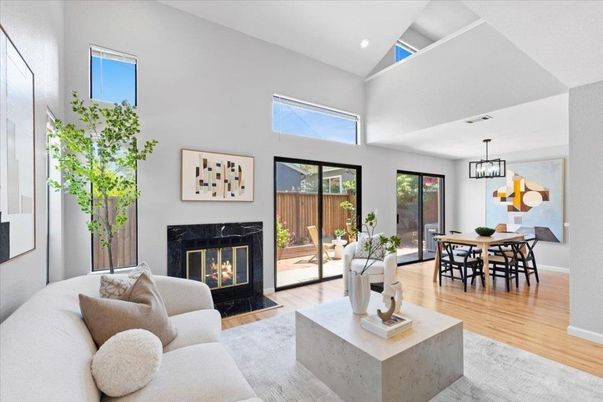 Dining room, Fireplace, Interior, Living room, Pendant Lights, Recessed Lighting, Wood Texture Flooring