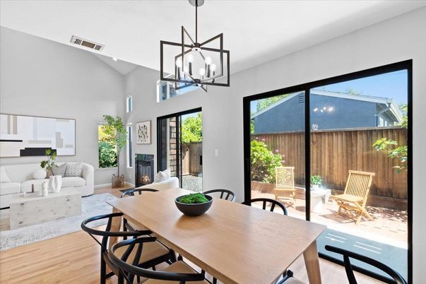 Dining room, Fireplace, Interior, Living room, Pendant Lights, Wood Texture Flooring