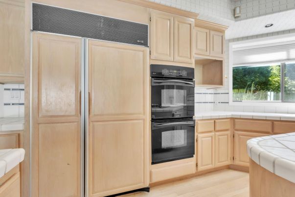 Interior, Kitchen, Tile Countertops, Wood Texture Flooring
