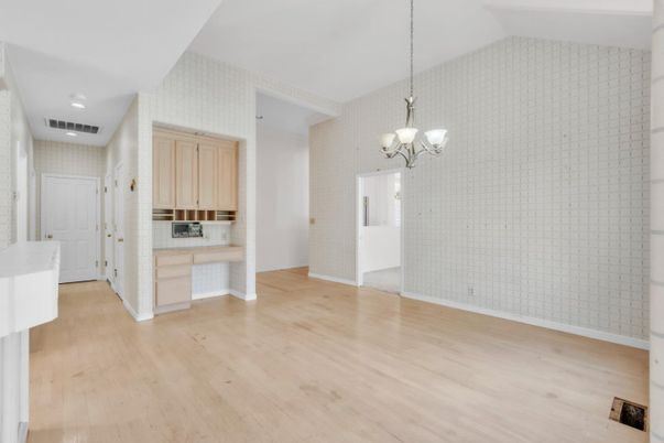 Chandelier, Empty room, Interior, Recessed Lighting, Wood Texture Flooring