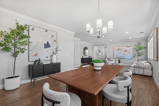 Chandelier, Dining room, Interior, Living room, Recessed Lighting, Wood Texture Flooring