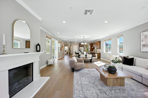 Dining room, Fireplace, Interior, Kitchen, Living room, Pendant Lights, Recessed Lighting, Wood Texture Flooring