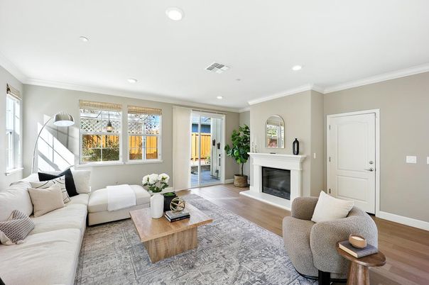 Fireplace, Interior, Living room, Recessed Lighting, Wood Texture Flooring