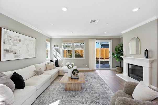 Fireplace, Interior, Living room, Recessed Lighting, Wood Texture Flooring
