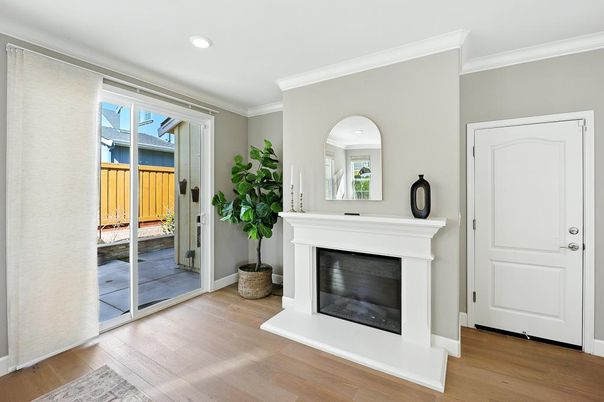 Fireplace, Interior, Recessed Lighting, Wood Texture Flooring