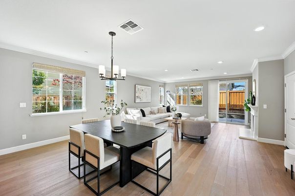 Chandelier, Dining room, Interior, Living room, Pendant Lights, Recessed Lighting, Wood Texture Flooring