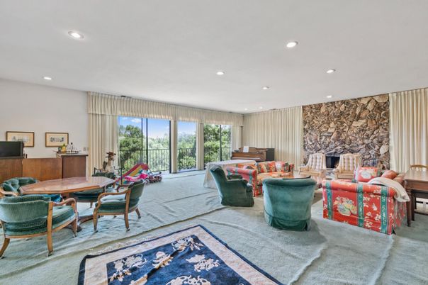 Dining room, Fireplace, Interior, Living room, Recessed Lighting, Stone Walls
