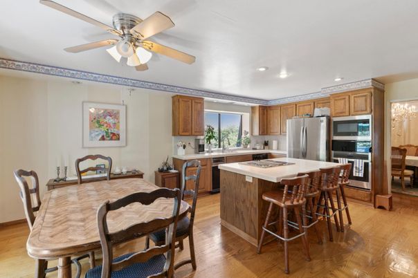 Dining room, Interior, Kitchen, Recessed Lighting, Stainless Steel Appliances, Wood Texture Flooring