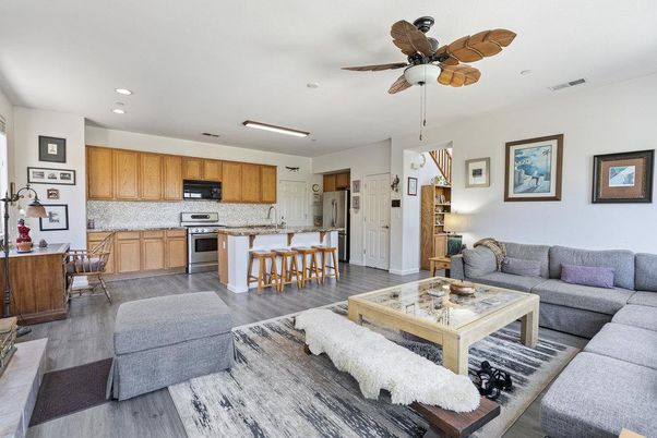 Dining room, Interior, Kitchen, Living room, Recessed Lighting, Stainless Steel Appliances, Wood Texture Flooring