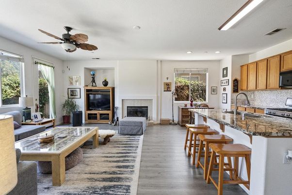 Fireplace, Interior, Kitchen, Living room, Recessed Lighting, Wood Texture Flooring