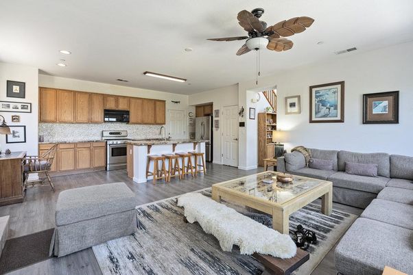 Dining room, Interior, Kitchen, Living room, Recessed Lighting, Stainless Steel Appliances, Wood Texture Flooring