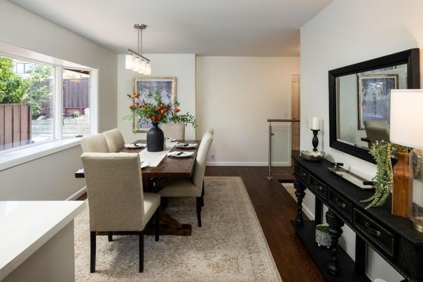 Dining room, Interior, Pendant Lights, Wood Texture Flooring