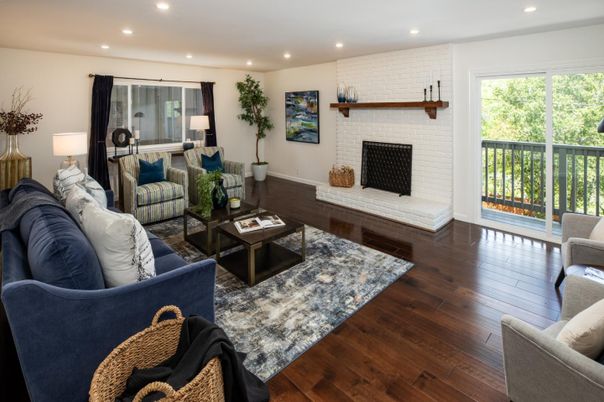 Fireplace, Interior, Living room, Recessed Lighting, Stone Walls, Wood Texture Flooring