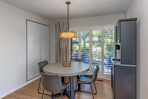 Dining room, Interior, Pendant Lights, Wood Texture Flooring