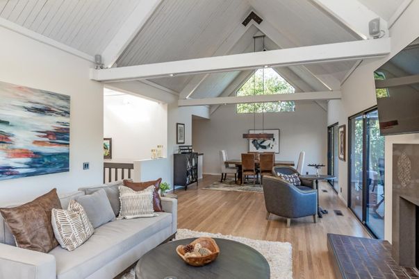 Dining room, Fireplace, Interior, Living room, Wood Texture Flooring