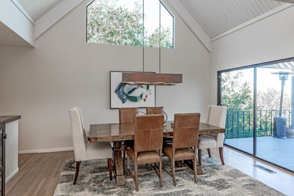 Dining room, Interior, Pendant Lights, Wood Texture Flooring