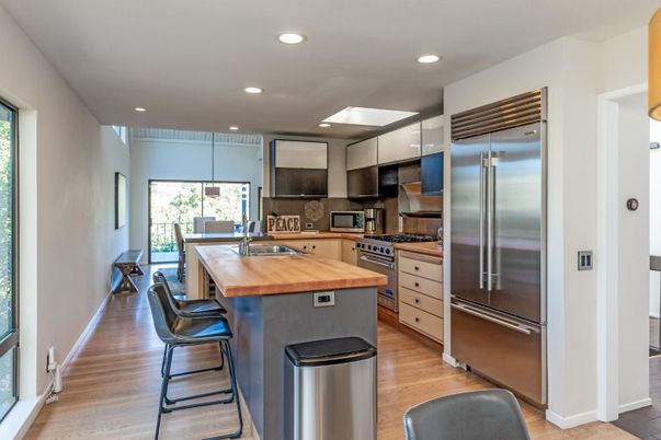 Interior, Kitchen, Recessed Lighting, Stainless Steel Appliances, Wood Texture Flooring