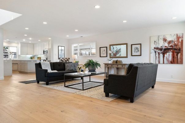 Interior, Kitchen, Living room, Recessed Lighting, Wood Texture Flooring