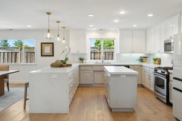 Interior, Kitchen, Pendant Lights, Recessed Lighting, Stainless Steel Appliances, Wood Texture Flooring