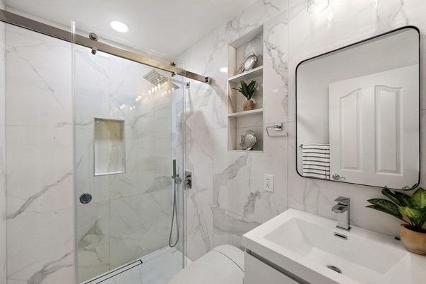 Bathroom, Glass Shower, Interior, Marble Walls, Recessed Lighting