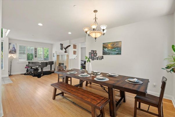 Chandelier, Dining room, Fireplace, Interior, Recessed Lighting, Wood Texture Flooring