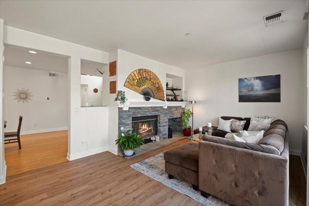 Fireplace, Interior, Living room, Recessed Lighting, Wood Texture Flooring