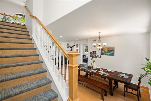 Chandelier, Dining room, Interior, Recessed Lighting, Wood Texture Flooring