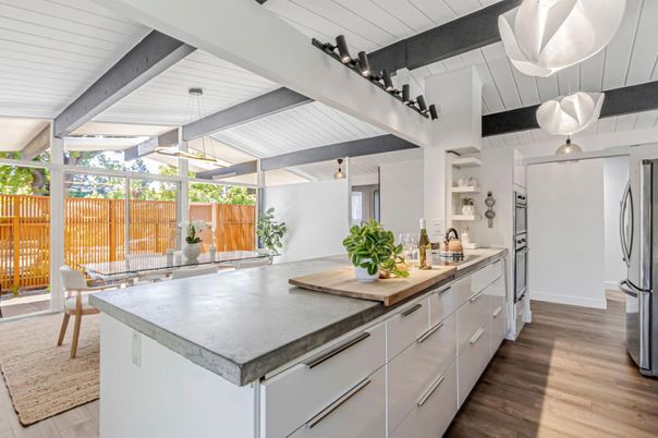 Interior, Kitchen, Pendant Lights, Wood Texture Flooring