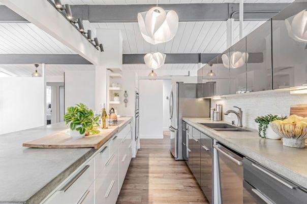 Interior, Kitchen, Pendant Lights, Stainless Steel Appliances, Wood Texture Flooring