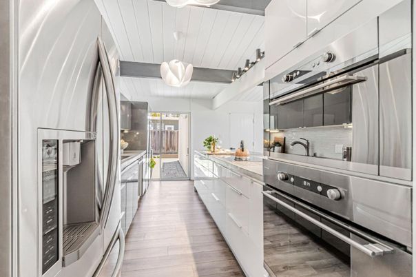 Interior, Kitchen, Pendant Lights, Stainless Steel Appliances, Wood Texture Flooring