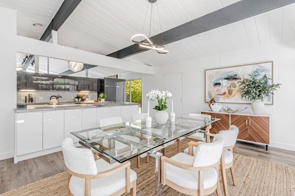 Dining room, Interior, Kitchen, Pendant Lights, Wood Texture Flooring