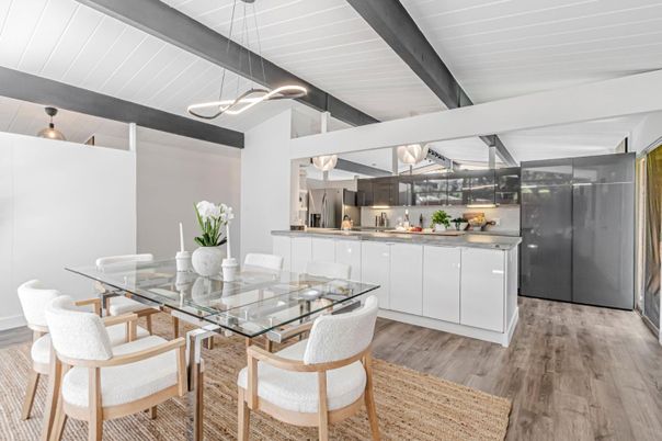 Dining room, Interior, Kitchen, Pendant Lights, Wood Texture Flooring
