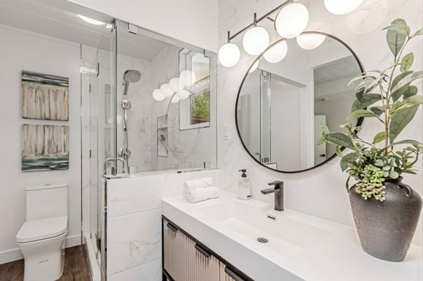 Bathroom, Glass Shower, Interior, Marble Walls, Wood Texture Flooring