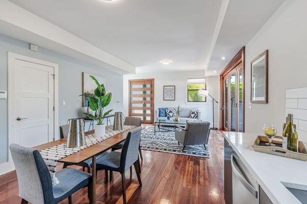 Dining room, Interior, Living room, Recessed Lighting, Wood Texture Flooring