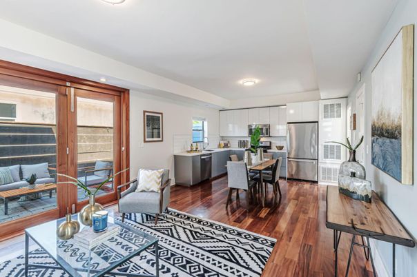 Dining room, Interior, Kitchen, Recessed Lighting, Stainless Steel Appliances, Wood Texture Flooring