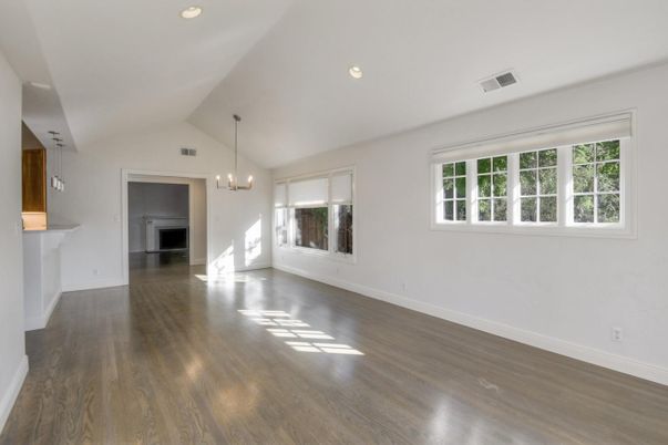 Empty room, Fireplace, Interior, Pendant Lights, Recessed Lighting, Wood Texture Flooring