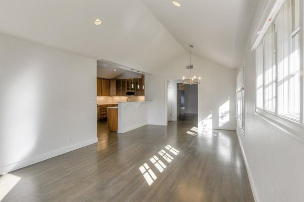 Empty room, Interior, Kitchen, Pendant Lights, Recessed Lighting, Wood Texture Flooring