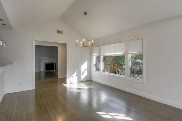 Empty room, Fireplace, Interior, Pendant Lights, Wood Texture Flooring