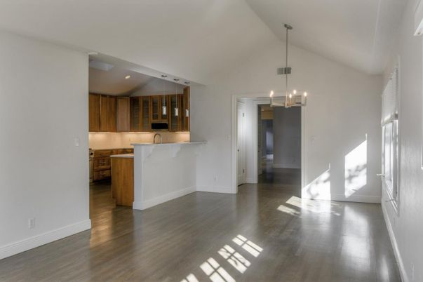 Empty room, Interior, Kitchen, Pendant Lights, Recessed Lighting, Wood Texture Flooring
