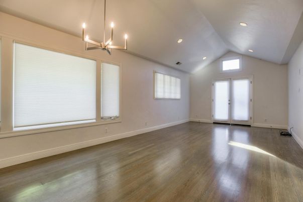 Empty room, Interior, Pendant Lights, Recessed Lighting, Wood Texture Flooring